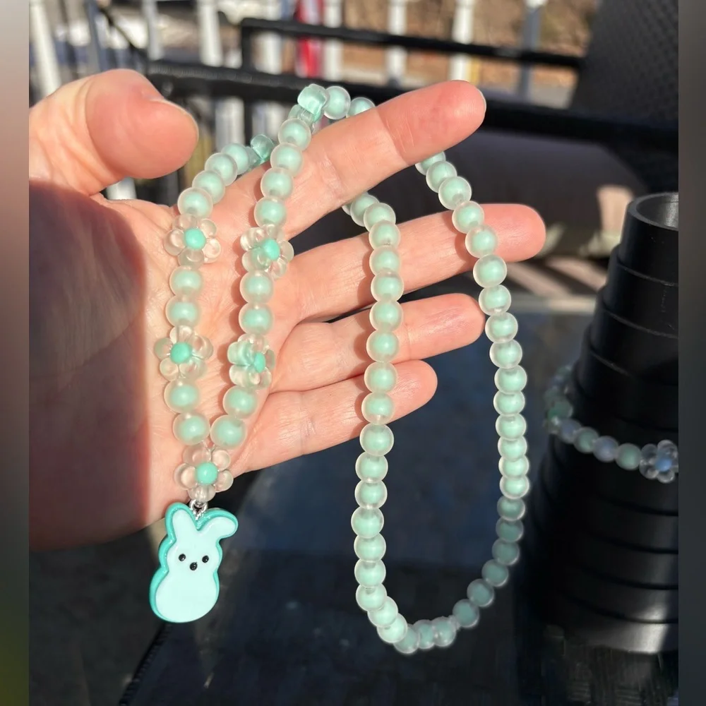 Handmade Bunny Necklace & Bracelet Set Kids Spring Jewelry